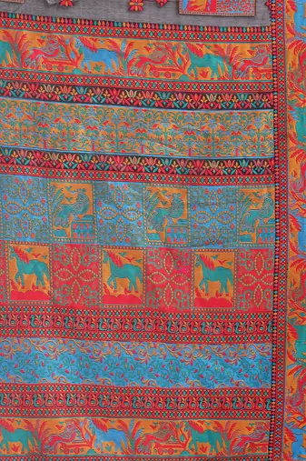 Black linen cotton blend saree with multicolor ethnic print
