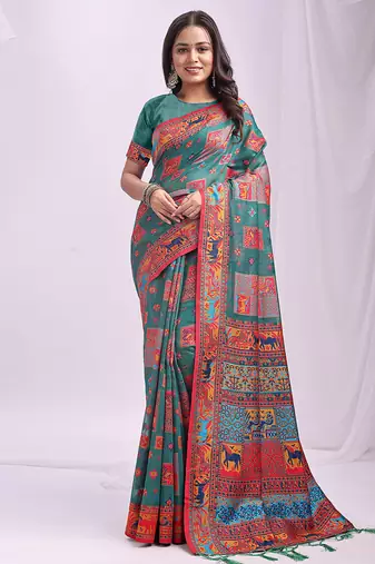 Teal linen cotton blend saree with multicolor ethnic print