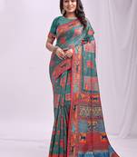 Teal linen cotton blend saree with multicolor ethnic print