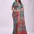 Teal linen cotton blend saree with multicolor ethnic print