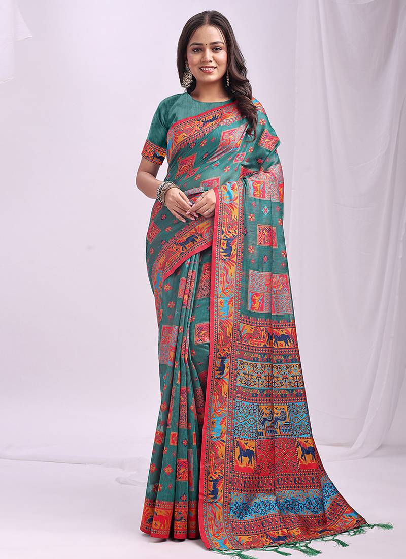Teal linen cotton blend saree with multicolor ethnic print