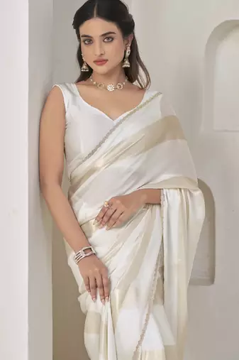 White satin foil work designer wedding saree