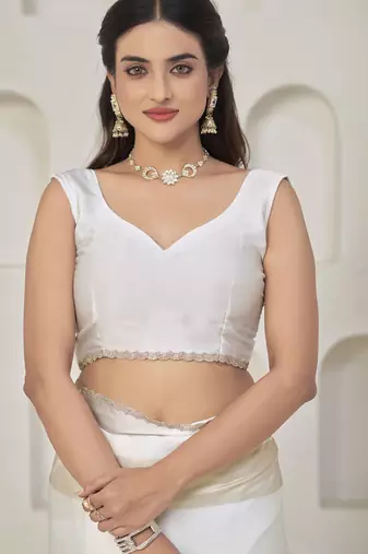 White satin foil work designer wedding saree