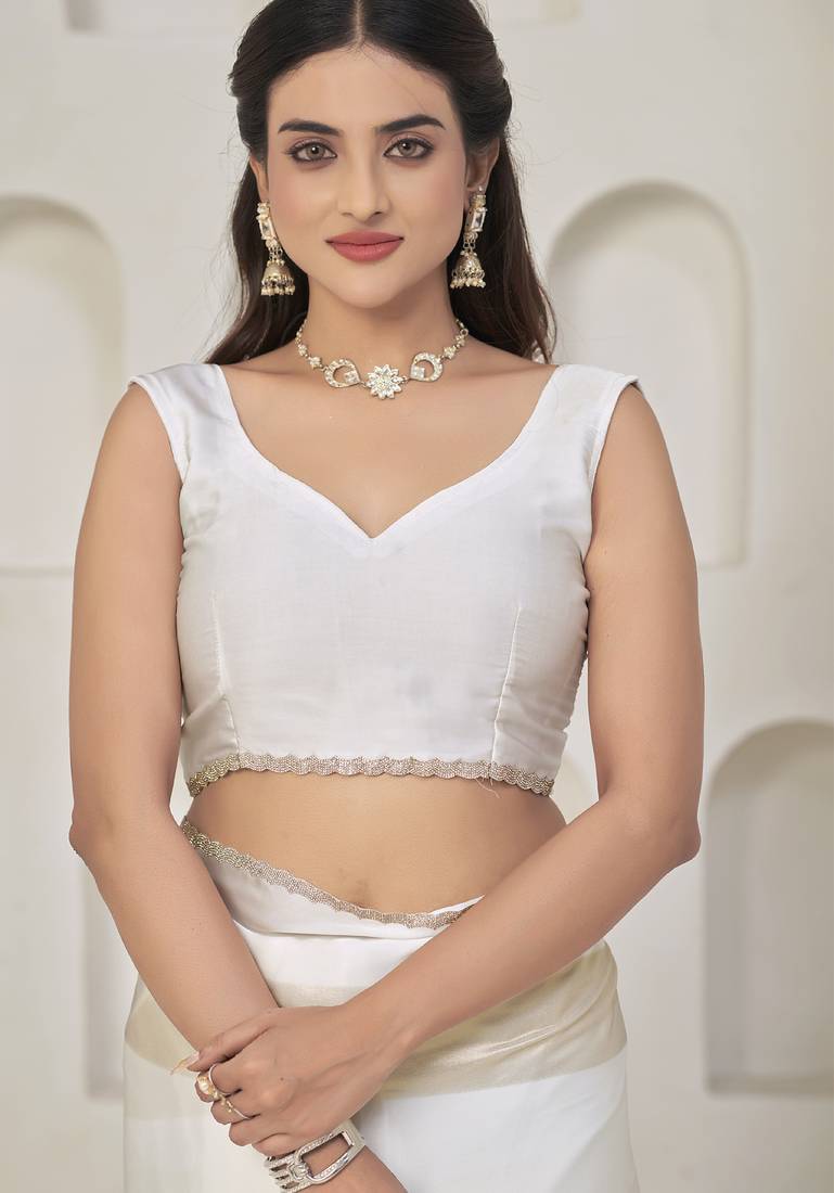 White satin foil work designer wedding saree