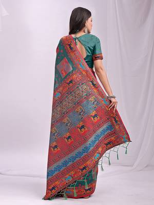 Teal linen cotton blend saree with multicolor ethnic print 2