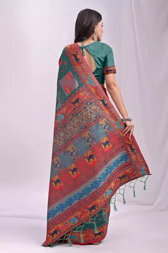 Teal linen cotton blend saree with multicolor ethnic print
