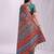 Teal linen cotton blend saree with multicolor ethnic print