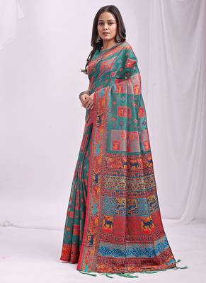 Teal linen cotton blend saree with multicolor ethnic print 3