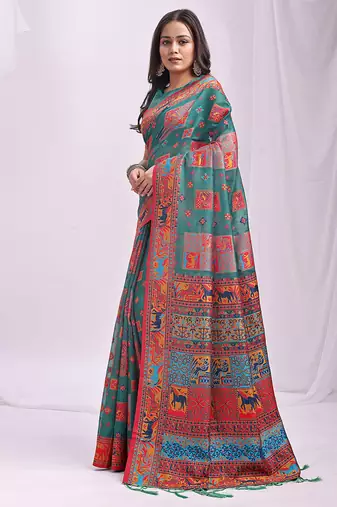 Teal linen cotton blend saree with multicolor ethnic print
