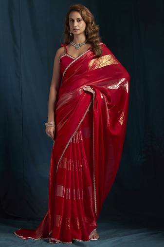 Magenta satin foil work designer wedding saree
