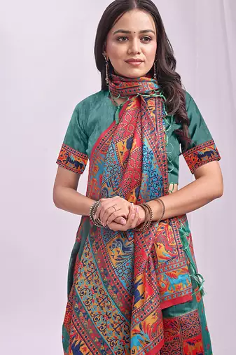 Teal linen cotton blend saree with multicolor ethnic print