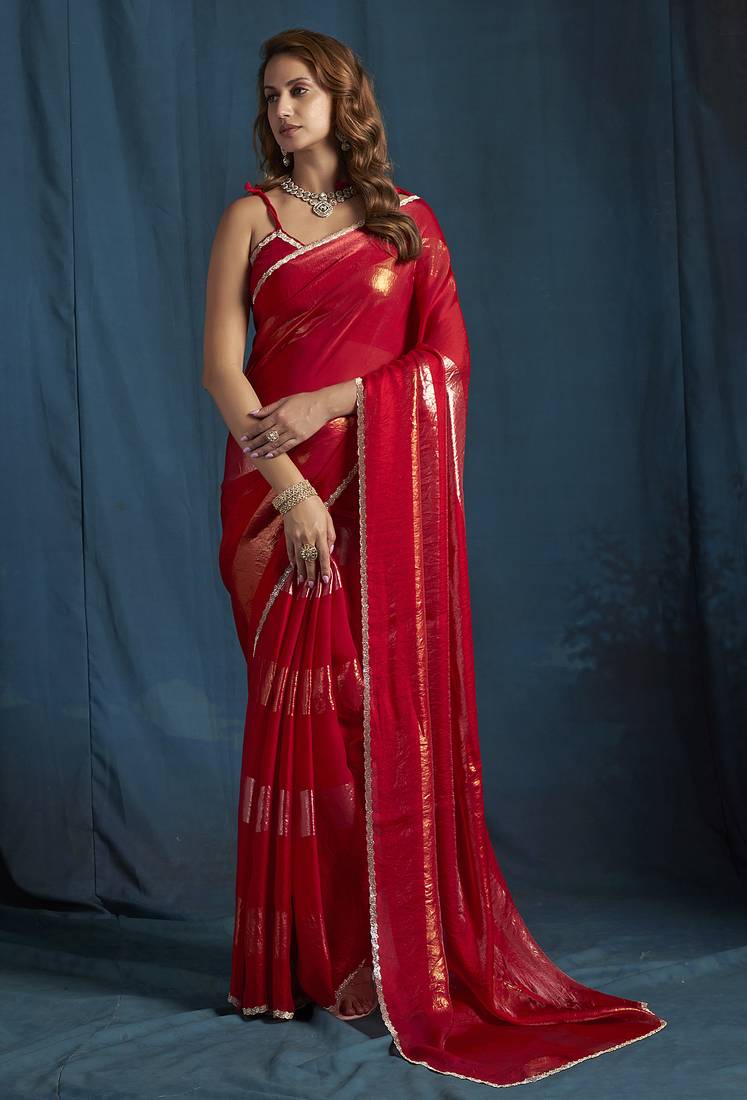 Magenta satin foil work designer wedding saree