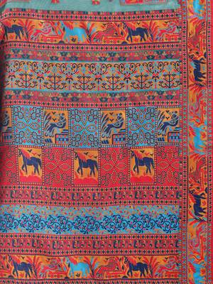 Teal linen cotton blend saree with multicolor ethnic print 5
