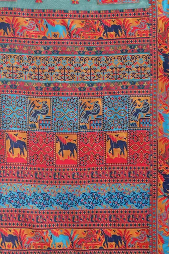 Teal linen cotton blend saree with multicolor ethnic print