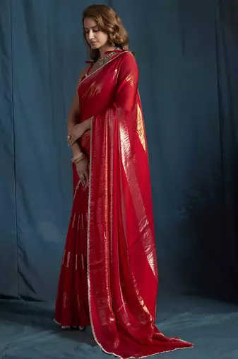 Magenta satin foil work designer wedding saree