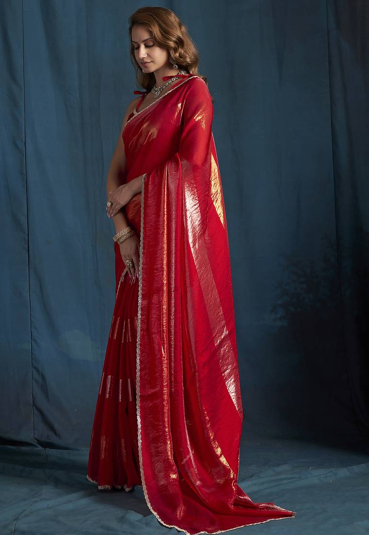Magenta satin foil work designer wedding saree
