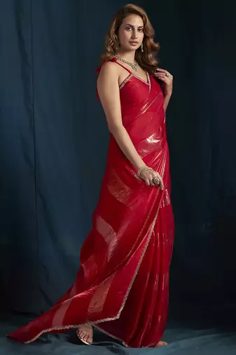 Magenta satin foil work designer wedding saree