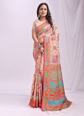 Beige linen cotton blend saree with multicolor ethnic print 1
