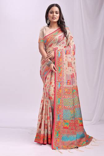 Beige linen cotton blend saree with multicolor ethnic print