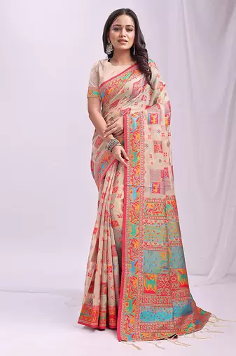 Beige linen cotton blend saree with multicolor ethnic print