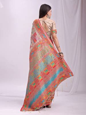 Beige linen cotton blend saree with multicolor ethnic print 2