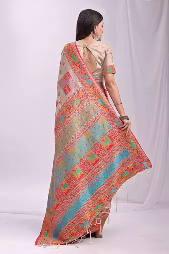 Beige linen cotton blend saree with multicolor ethnic print