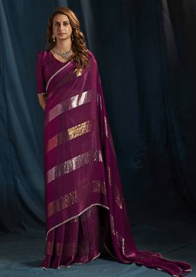 Wine satin foil work designer wedding saree 1