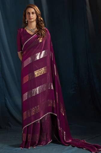 Wine satin foil work designer wedding saree