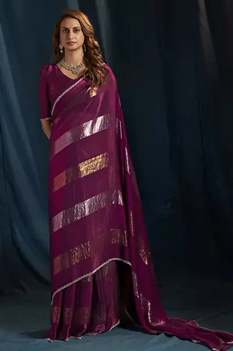 Wine satin foil work designer wedding saree