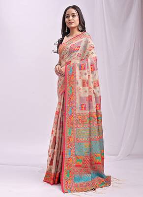 Beige linen cotton blend saree with multicolor ethnic print 3