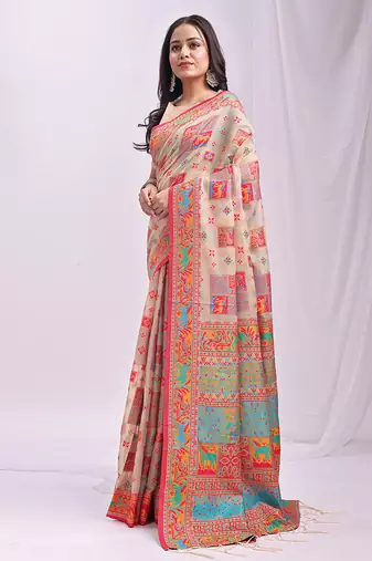 Beige linen cotton blend saree with multicolor ethnic print