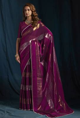 Wine satin foil work designer wedding saree 2