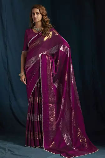 Wine satin foil work designer wedding saree
