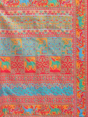 Beige linen cotton blend saree with multicolor ethnic print 5