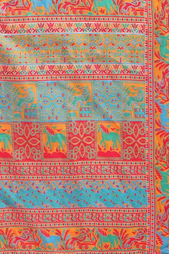 Beige linen cotton blend saree with multicolor ethnic print