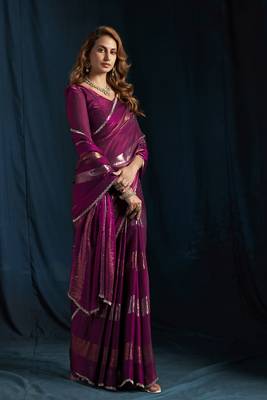 Wine satin foil work designer wedding saree 3