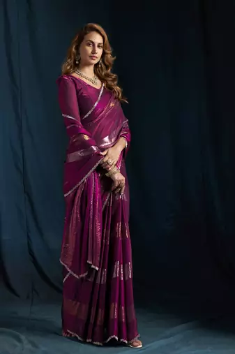 Wine satin foil work designer wedding saree