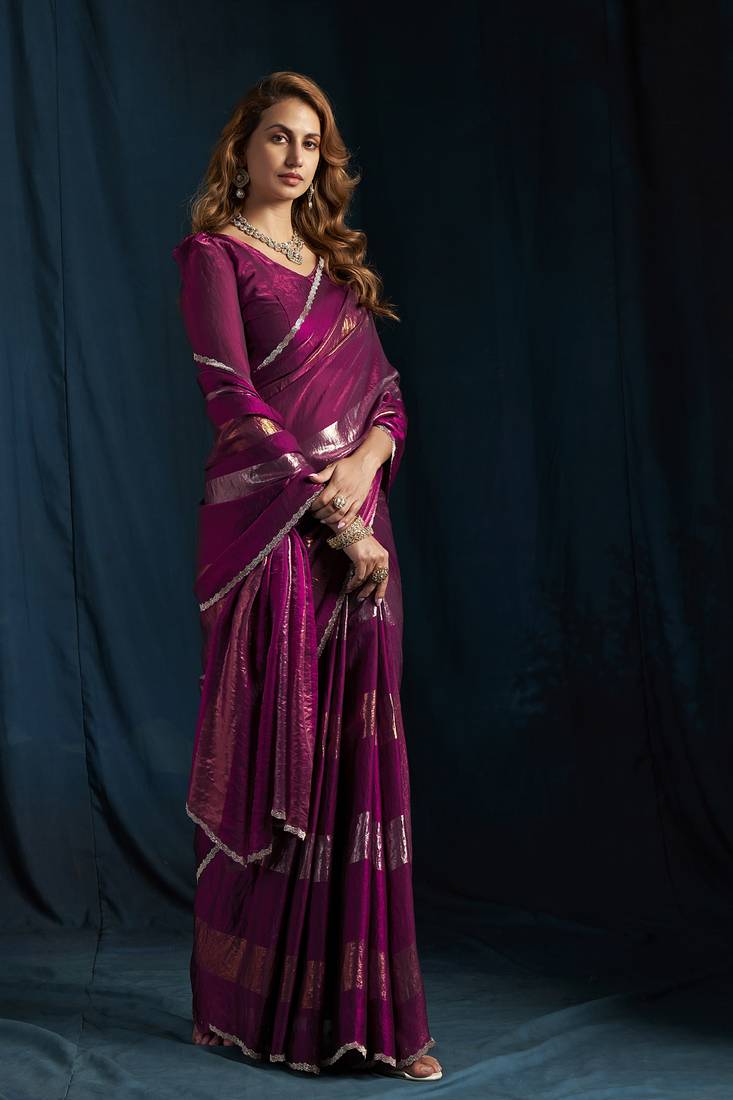Wine satin foil work designer wedding saree