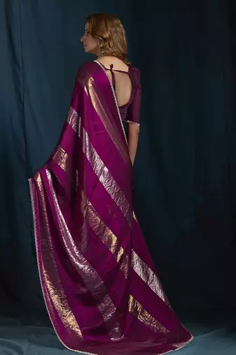 Wine satin foil work designer wedding saree