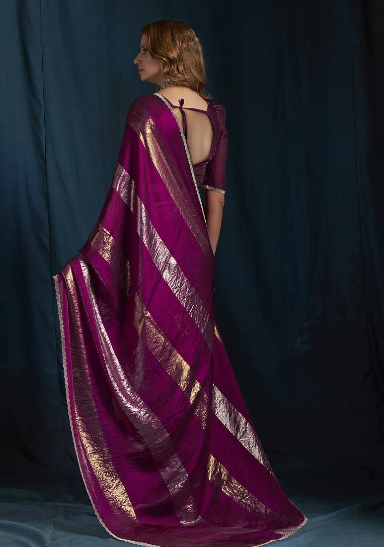 Wine satin foil work designer wedding saree