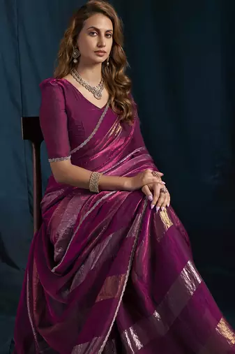 Wine satin foil work designer wedding saree