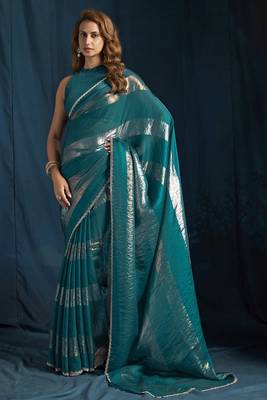 Teal satin foil work designer wedding saree 1