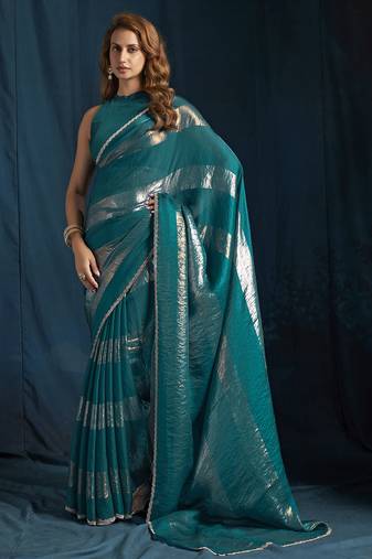 Teal satin foil work designer wedding saree