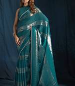 Teal satin foil work designer wedding saree