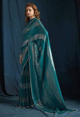 Teal satin foil work designer wedding saree 2