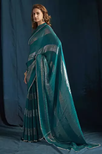 Teal satin foil work designer wedding saree