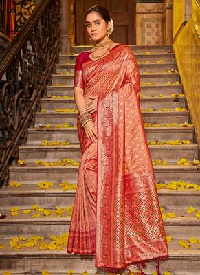 Peach banarasi silk blend saree with rani pink zari border 1