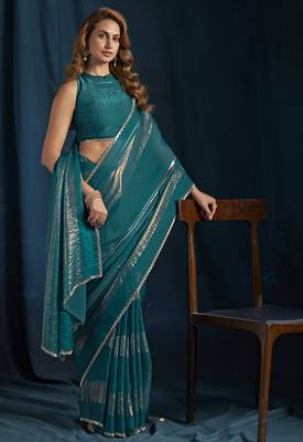 Teal satin foil work designer wedding saree 3