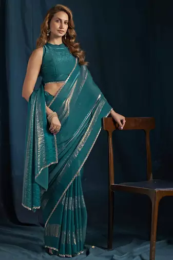 Teal satin foil work designer wedding saree