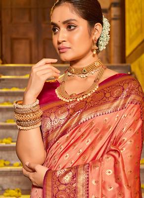 Peach banarasi silk blend saree with rani pink zari border 2